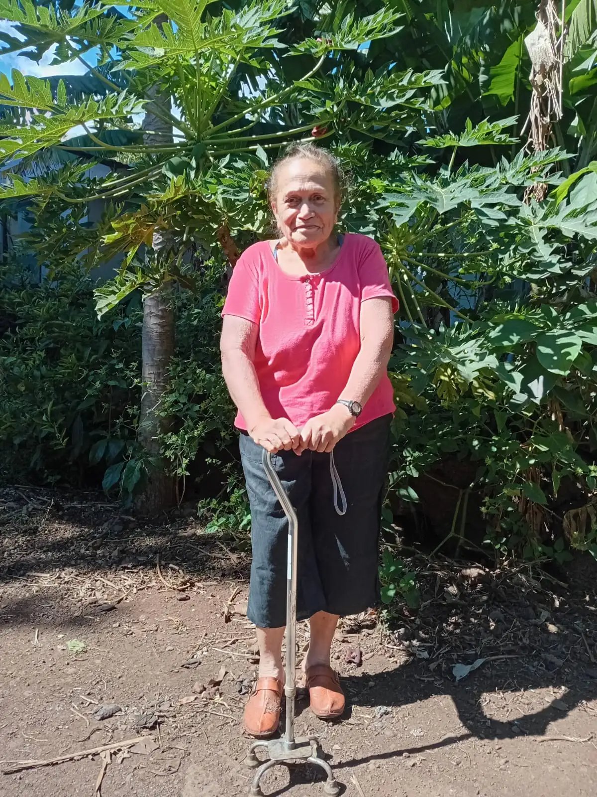 Elderly Rapa Nui woman using a quad cane in her garden on Easter Island